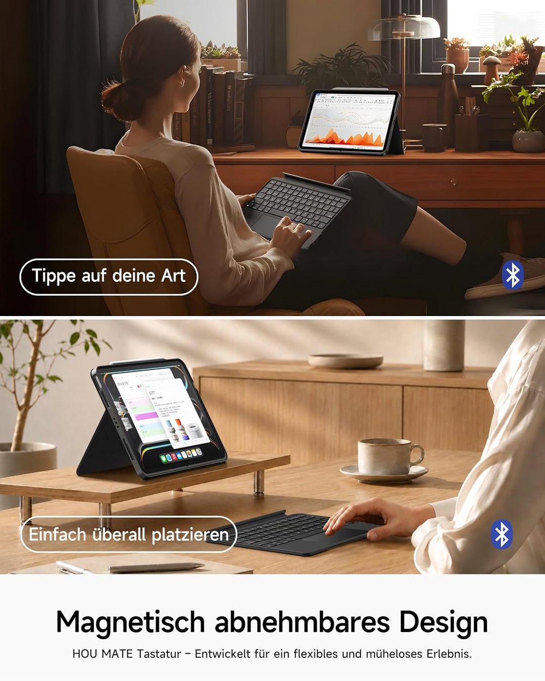 HOU 360° Drehbare Abnehmbare Hülle mit Tastatur für iPad Air 11" (M3/M2) 2025, Air 7/6/5/4, Pro 11"