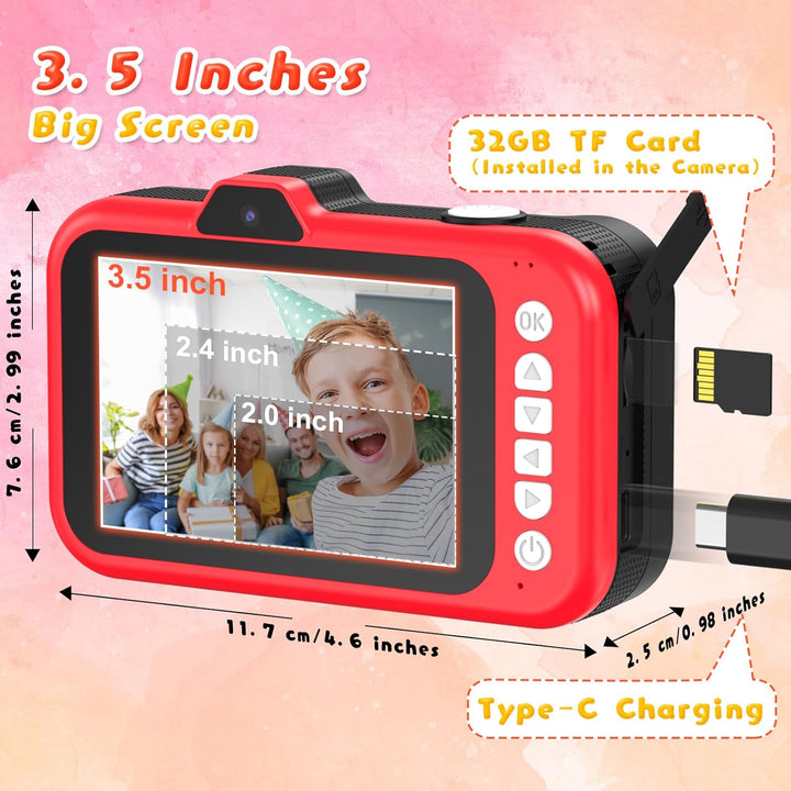 Ushining Kinderkamera, 3,5" Grossbildschirm Kinder Kamera mit 360° Drehbares Zoomobjektiv LED-Blitz