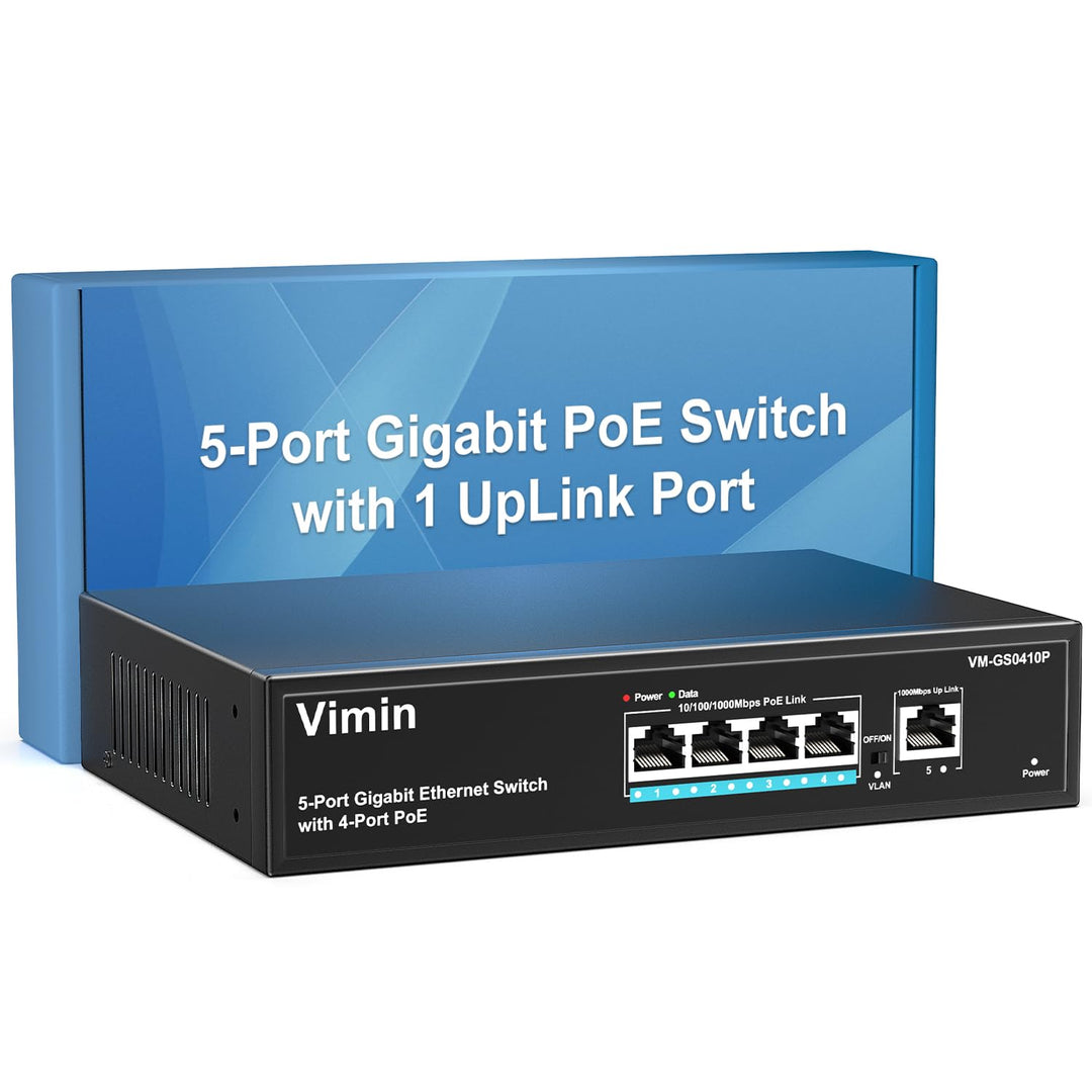 VIMIN 4-Port Gigabit PoE Switch mit 1 Uplink Gigabit Port, 5-Port Unmanaged Ethernet PoE Switch mit