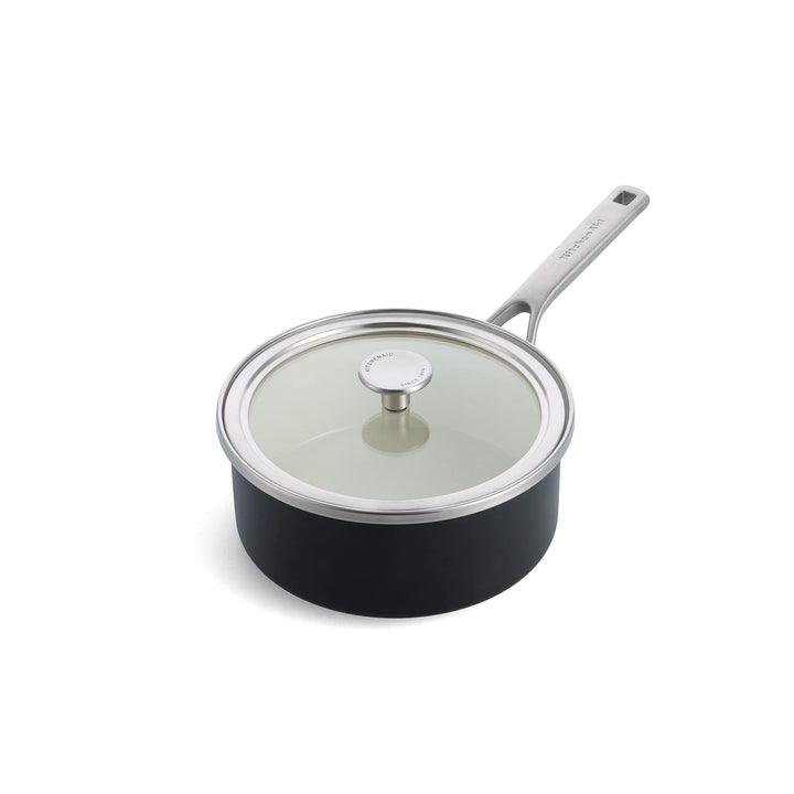 KitchenAid Steel Core Enamel Stielkasserolle mit Deckel (20cm/2,4l), deutsche Emaille, Induktionsgee