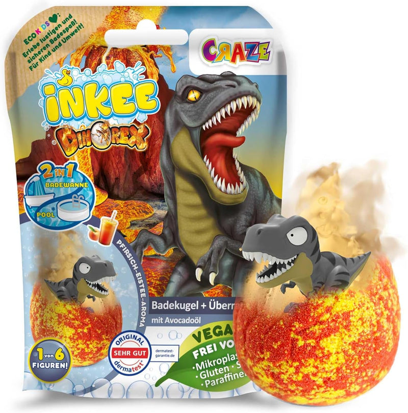 INKEE Surprise Dino 8er Set | Badekugeln Kinder mit Überraschung, 8x Ei-Form Badebomben mit Dinosaur