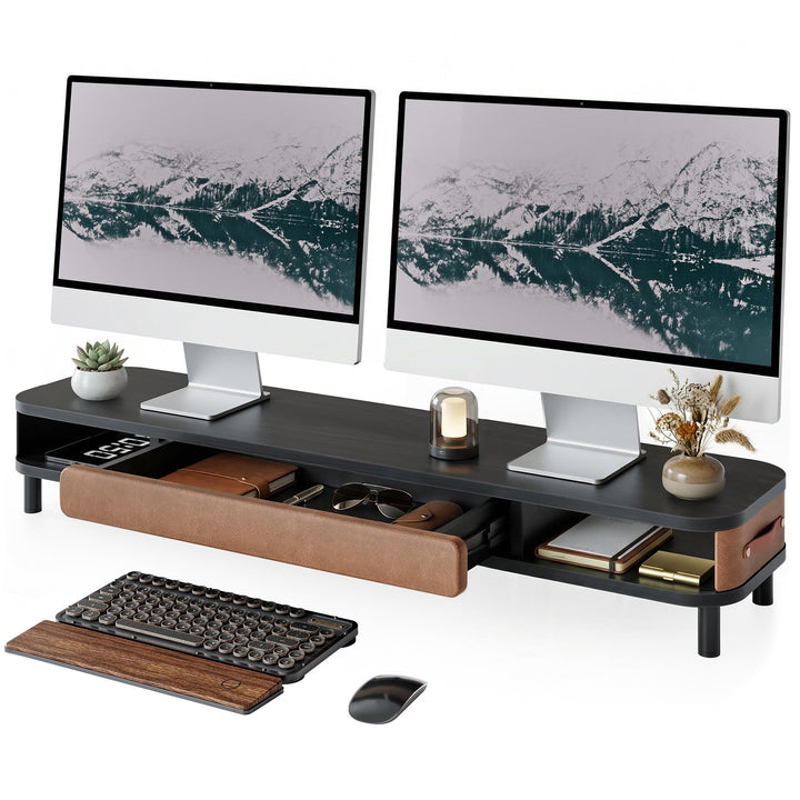 Fenge Dual Monitorständer mit Schublade, 108cm Bildschirmerhöhung mit Aluminiumbeinen &amp; Ledergriff,