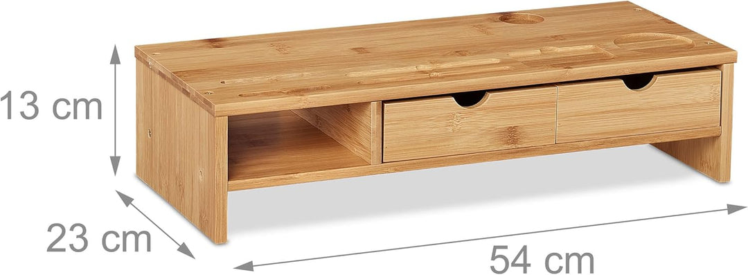 Relaxdays Monitorständer, aus Bambus, Ablagefach, 2 Schubladen, Erhöhung für Monitor, Laptop, HBT: 1