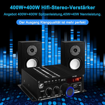 AK-380 Bluetooth 5.0 HiFi Verstärker 2.0-Kanal 40W x 2 Max. 400W Mini Verstärker Stereo Audio Leistu