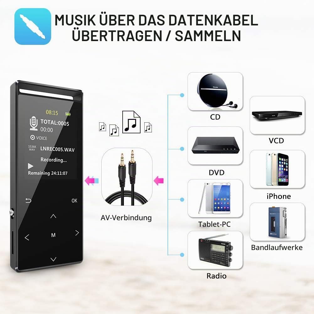64GB MP3-Player, MUSRUN MP3 Player mit Bluetooth Armtasche, HiFi, AUX-Record, Sleeptimer, FM, FM-Rec