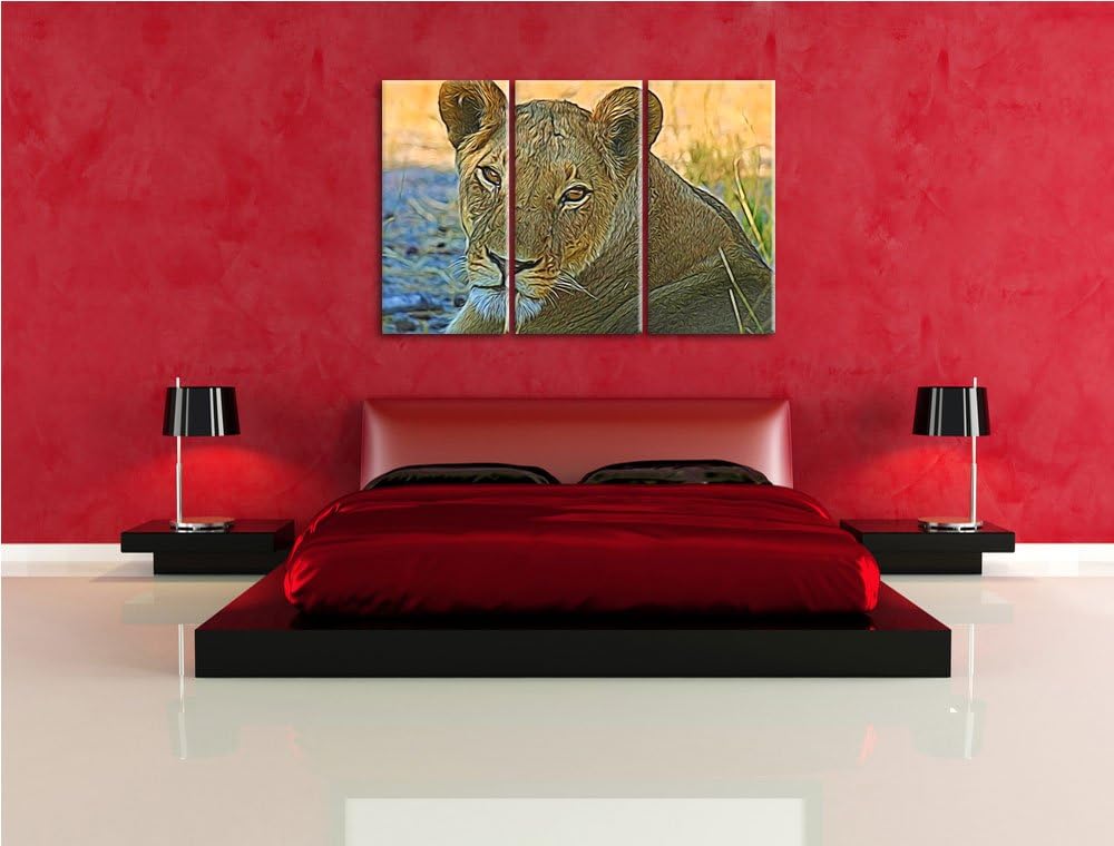 schöne Löwin im Wildgras NewArt 3-Teiler Leinwandbild 120x80 Bild auf Leinwand, XXL riesige Bilder f