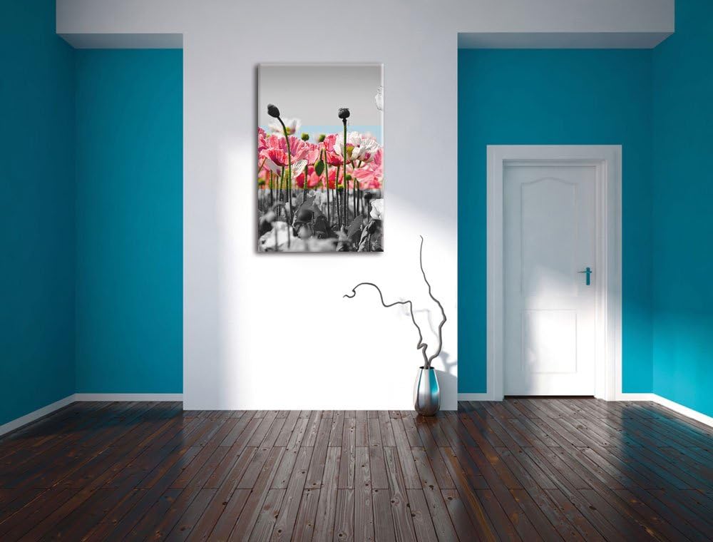 Pixxprint Blumenwiese Mohnblumen schwarz/weiss, Format: 70x100 auf hochkantiges Leinwand, 70x100