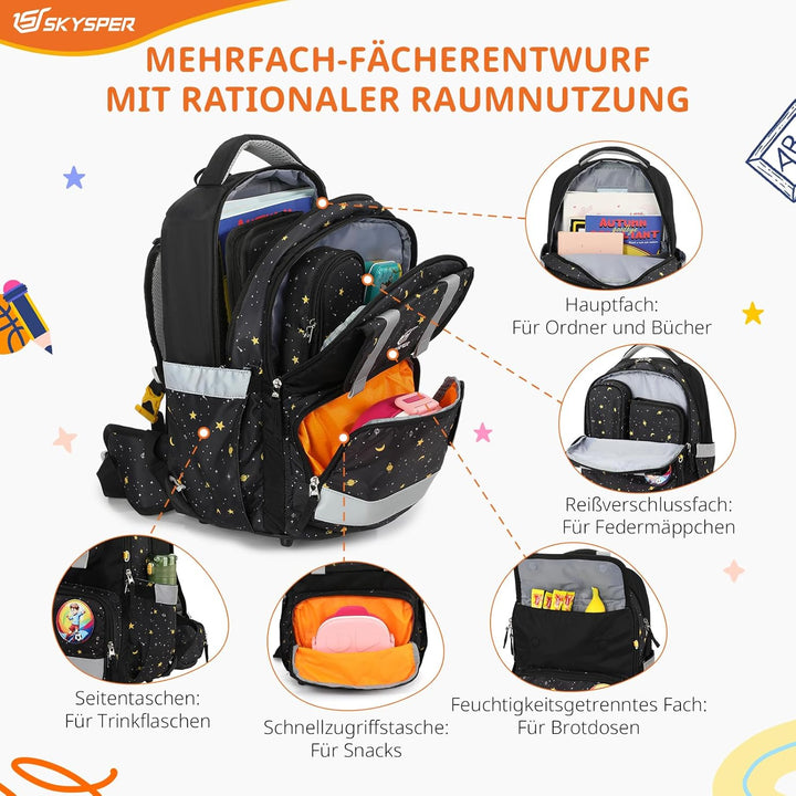 SKYSPER Schulranzen-Set 5-teilig, Schulrucksack Ergonomischer Tragesystem 16L Schulranzen mit 360° R