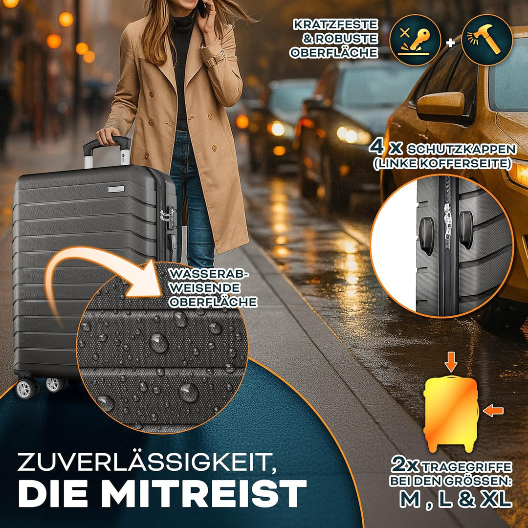 tillvex® Reisekoffer Set 3-TLG. + Gepäckwaage, 6X Koffergurte & 3X Kofferanhänger | Kofferset 4 Roll