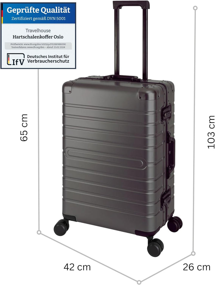 Travelhouse Oslo Aluminium Koffer Reisekoffer Graphit Grau M-65cm Hartschalenkoffer Reisetrolley Sui