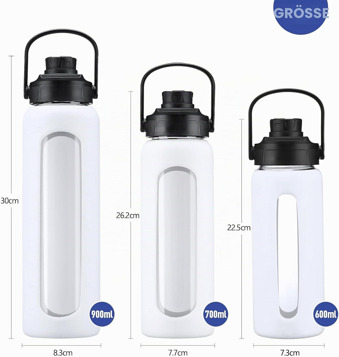 BLUEGO 700ml Glaswasserflasche mit Strohhalm und 2 Deckeln Kaffeetasse aus Glas mit Zeitmarkierung u