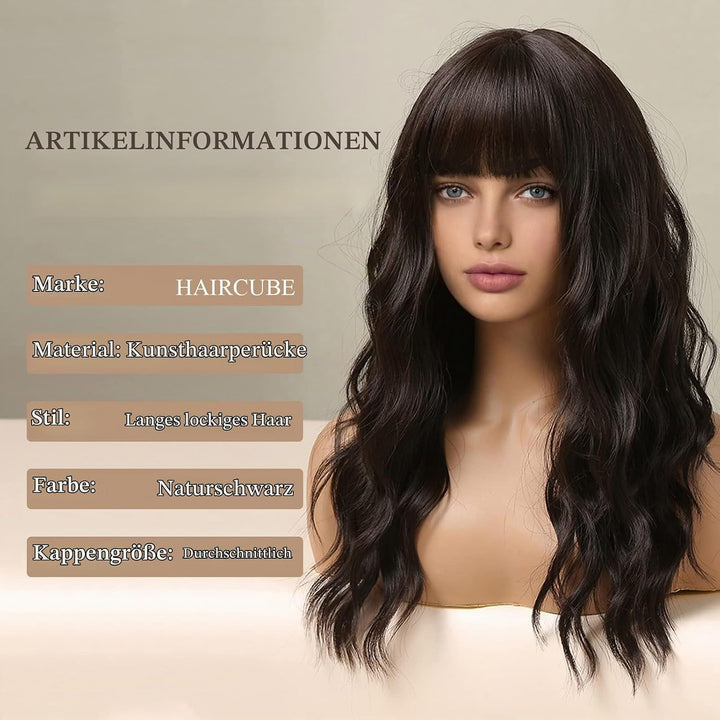 HAIRCUBE Lange lockige Perücken für Frauen dunkelbraune Perücken synthetische Perücke mit Pony -Hitz