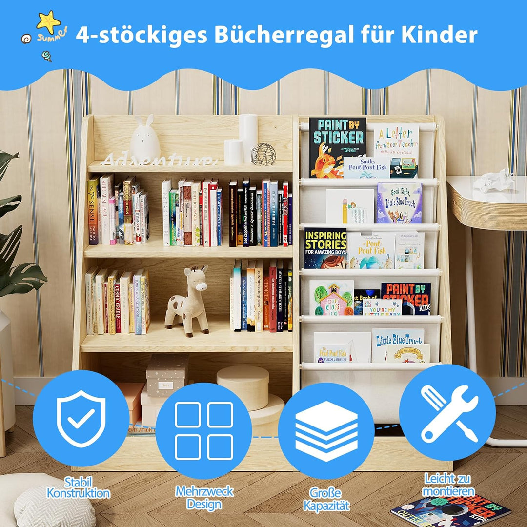 Kinderregal Bücherregal für Kinder 90x40x80cm, mit 5 Ablage und 4 offenen Fächern, Holz, Spielzeugre