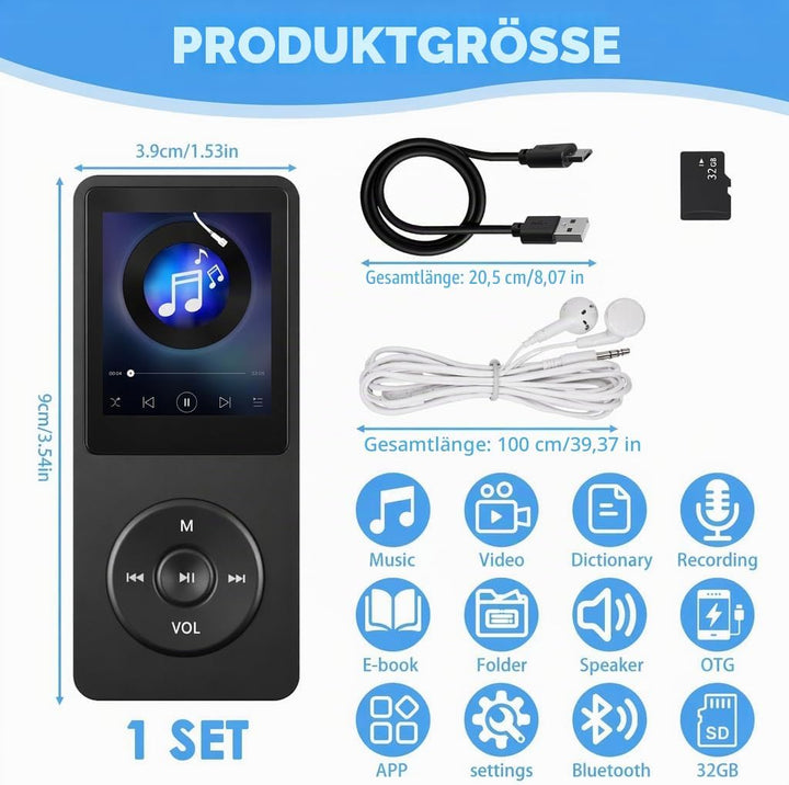 32GB MP3 Player Bluetooth 5.3 mit 1.8" TFT Farbbildschirm HiFi Musik Kinder MP3-Player mit Lautsprec