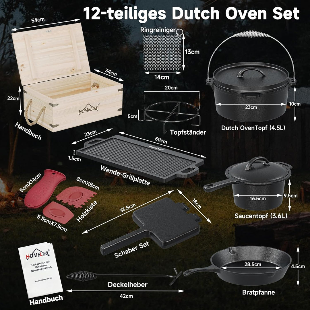 HOMELUX 12-teilig Dutch Oven Set in Holzkiste mit 4,5L Dutch Oven Topf &amp; 3,6L Saucier – Inkl. Grillp
