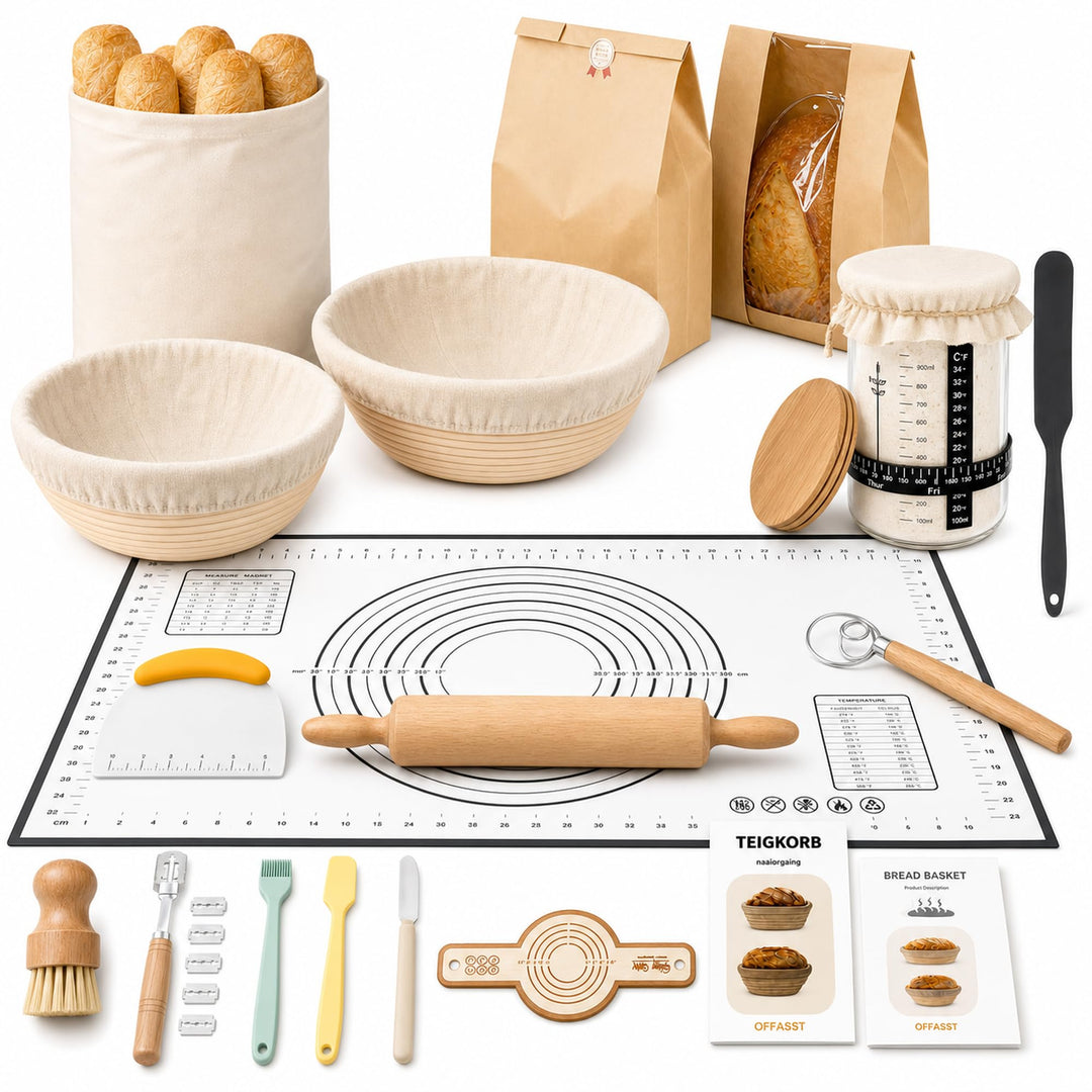 Markenname Sauerteig Starter Set, 2 Gärkörbchen 25 cm und Starterglas | Runder und ovaler Gärkorb au