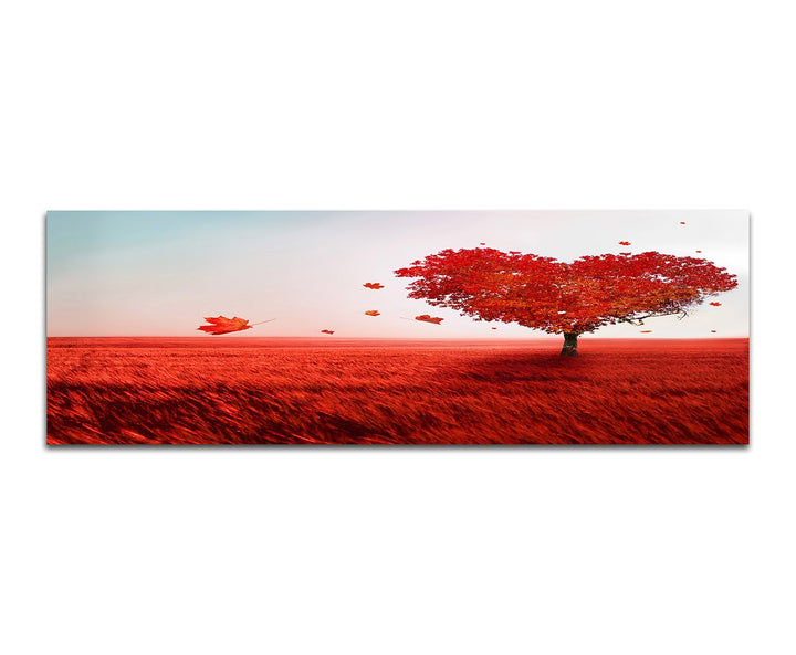 Paul Sinus Art Panoramabild auf Leinwand und Keilrahmen 150x50cm Wiese Baum Herz rot