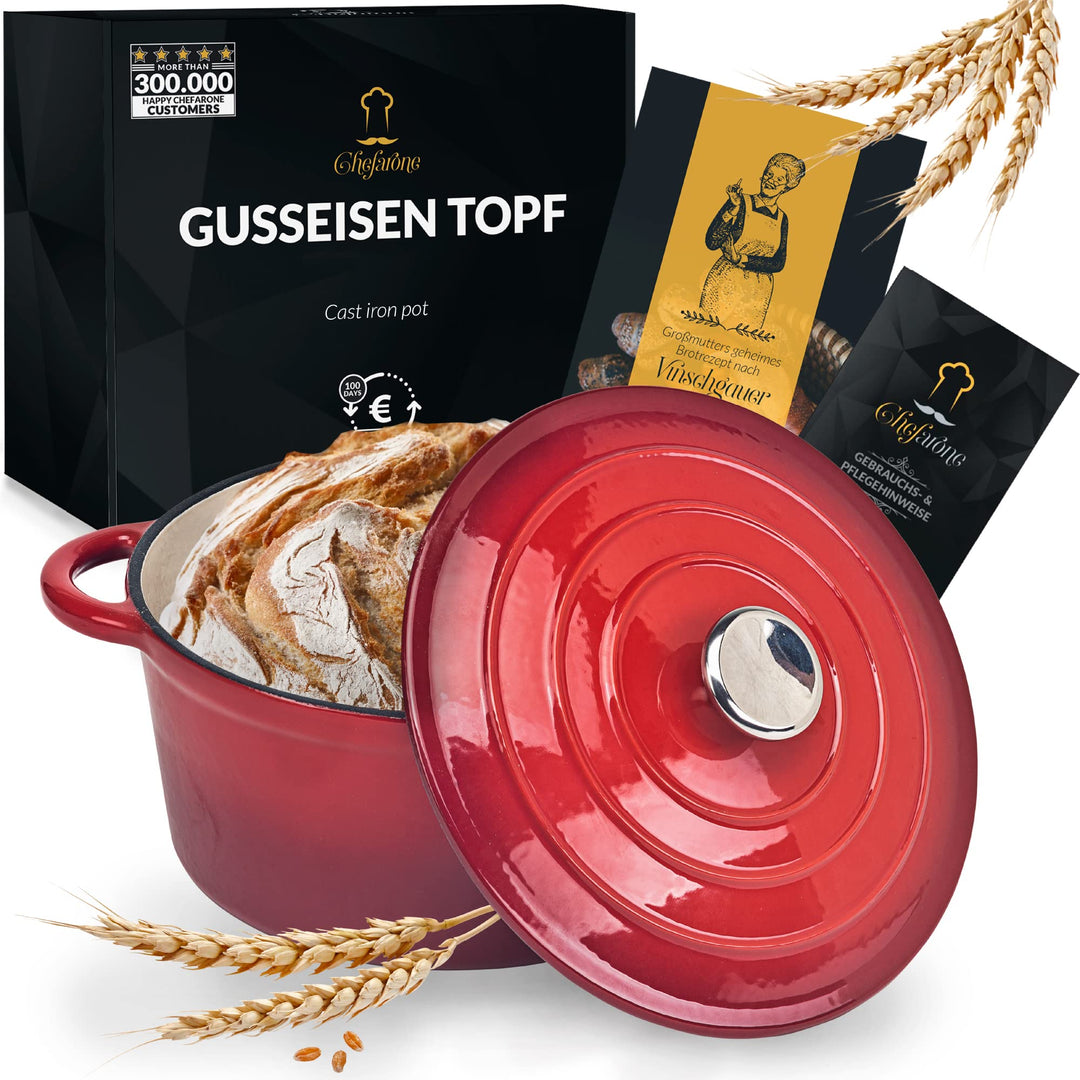 Chefarone Gusseisen Topf 24 cm, 3,5 L – Schmortopf emailliert mit Deckel für Brot backen, Schmoren &