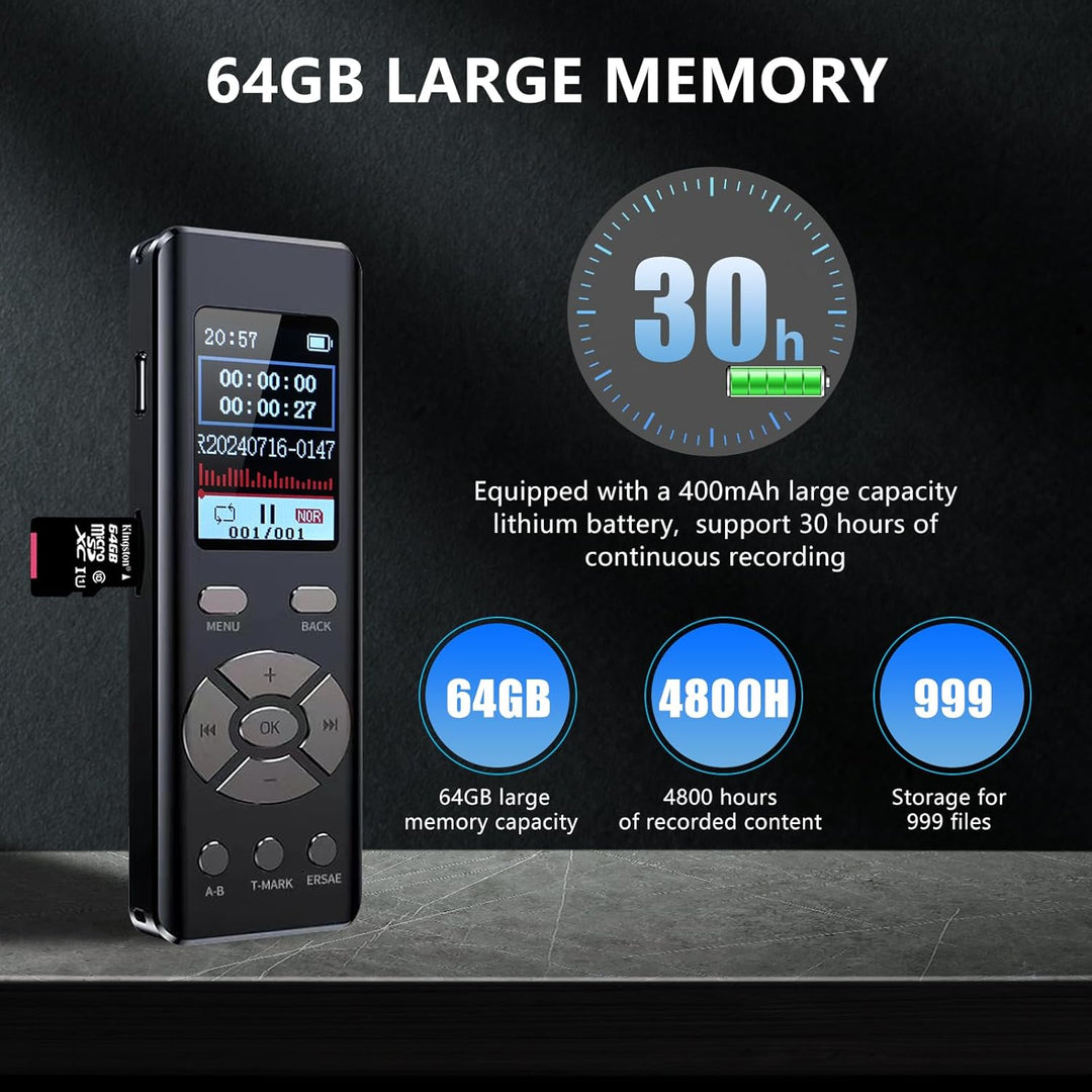Digitales Diktiergerät mit MP3-Player, 64 GB, für Meetings, Interviews und Vorlesungen, A-B-Loop-Wie