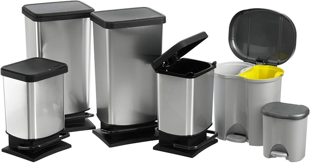 Rotho Paso Mülleimer 40l mit Pedal und Deckel, Kunststoff (PP) BPA-frei, silber metallic, 40 Liter (