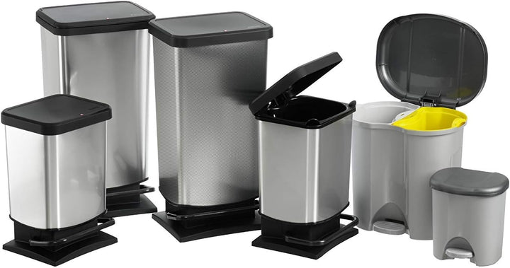 Rotho Paso Mülleimer 40l mit Pedal und Deckel, Kunststoff (PP) BPA-frei, silber metallic, 40 Liter (