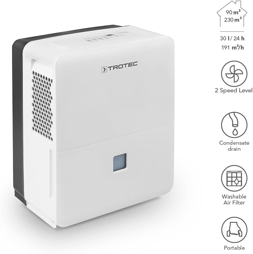 TROTEC Luftentfeuchter elektrisch TTK 96 E – Leistung 30 L/Tag – Fläche 90 m² / 230 m³ – Raum Entfeu