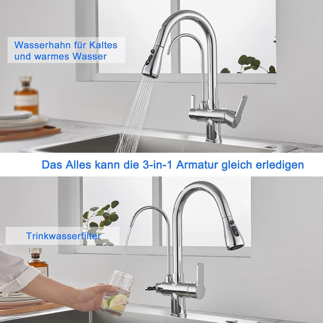 KEOKBON 3 Wege Küchenarmatur mit Ausziehbarer Brause, 3 in 1 Mischbatterie Trinkwasserhahn Küche Was