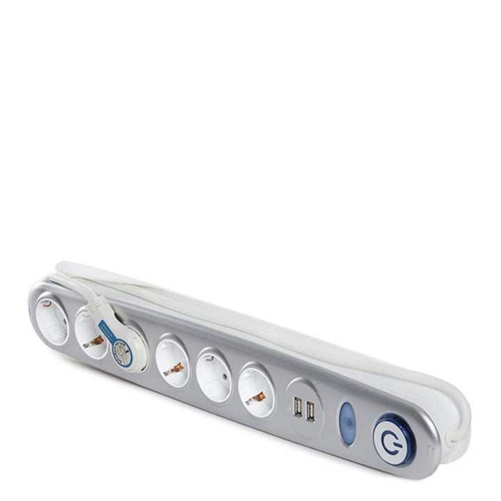 Stecker 6 X Steckdose + Schalter Leuchtend + 2 X Usb Ladegerät 2100 Ma 5V - IP20 - Weisssilber | Gre