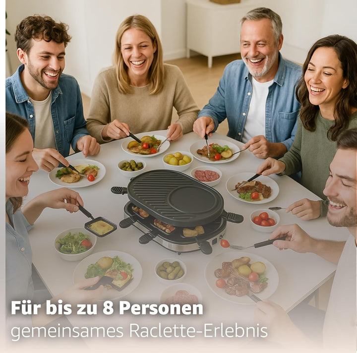 Raclette Set für 8 Personen - Grill oval - Mit Crepes Funktion - Tischgrill inkl. Pfännchen & Schabe