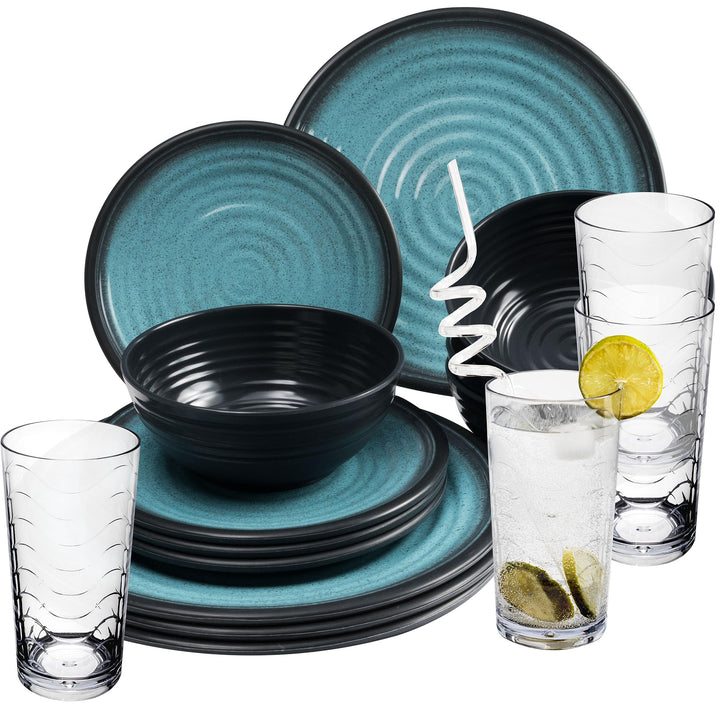 Melamin Geschirr Set 16 Teile elegante Steingut Optik in blau mit Wasserglas 260ml klar - für 4 Pers