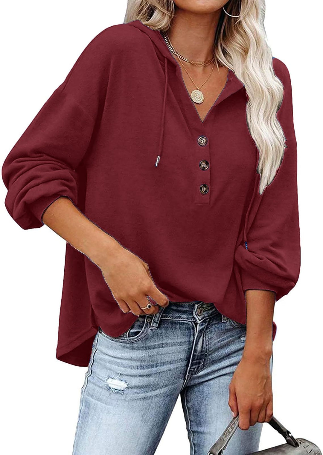 VIGVAN Kapuzenpullover Damen Hoodie Langarm V-Ausschnitt Pullover Knopfleiste Henley Sweatshirt mit