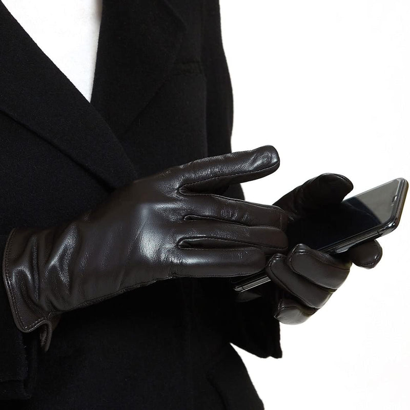 ZLUXURQ Damen Weiche Echte Lammfell Leder Touchscreen Winter Fahrhandschuhe Kaschmir gefüttert, Brau