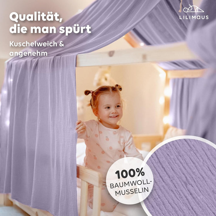 Hausbett Himmel [in 12 Farben] Betthimmel Hausbett aus 100% Baumwolle Musselin - Stoffhimmel für Hau