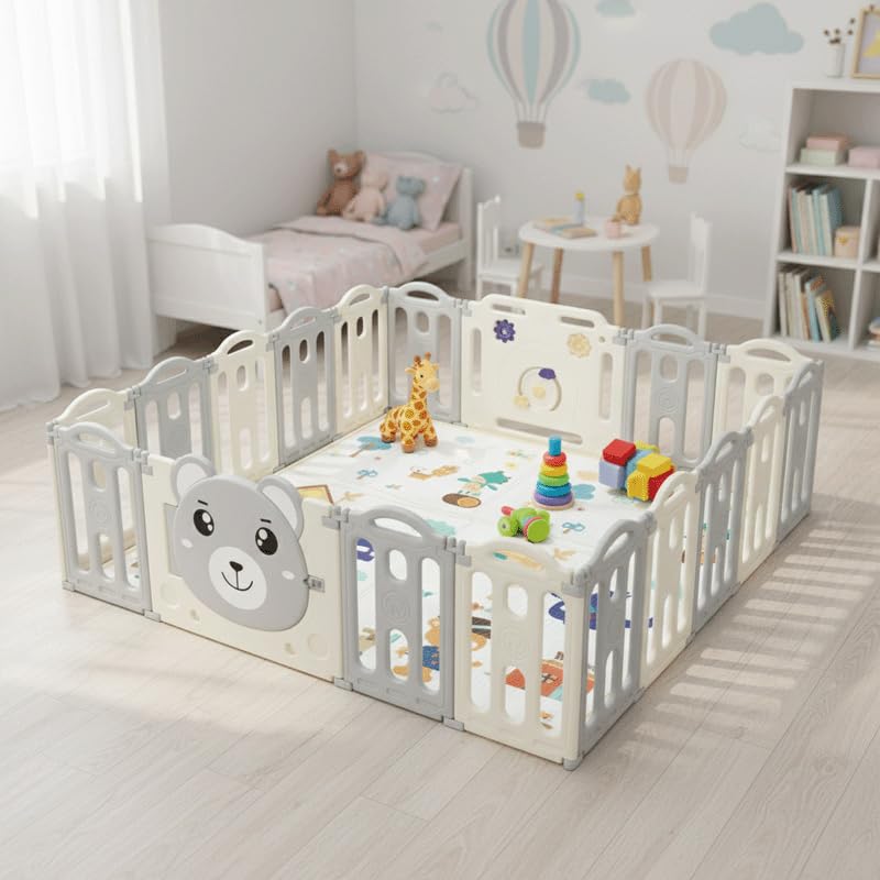 Laufgitter Baby Laufstall Kunststoff PL40 GREY, XXL 185x185cm Babylaufstall mit 16 Paneelen, Spielpa