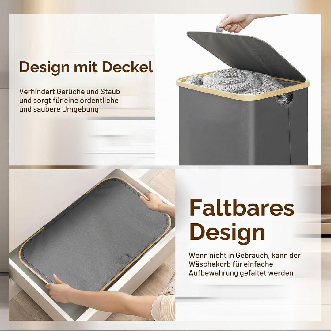 Chumix Wäschekorb mit Deckel, 100L Wäschesammler Faltbare mit Rollen, Wäschekorb Schmal mit Bambus G