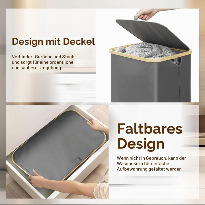 Chumix Wäschekorb mit Deckel, 100L Wäschesammler Faltbare mit Rollen, Wäschekorb Schmal mit Bambus G