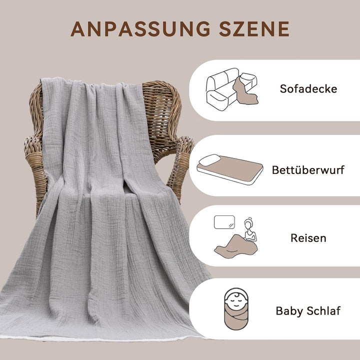 SE SOFTEXLY Musselin Decke 150 x 200 aus 100% Baumwolle, Weiche und Atmungsaktive Kuscheldecke, Leic