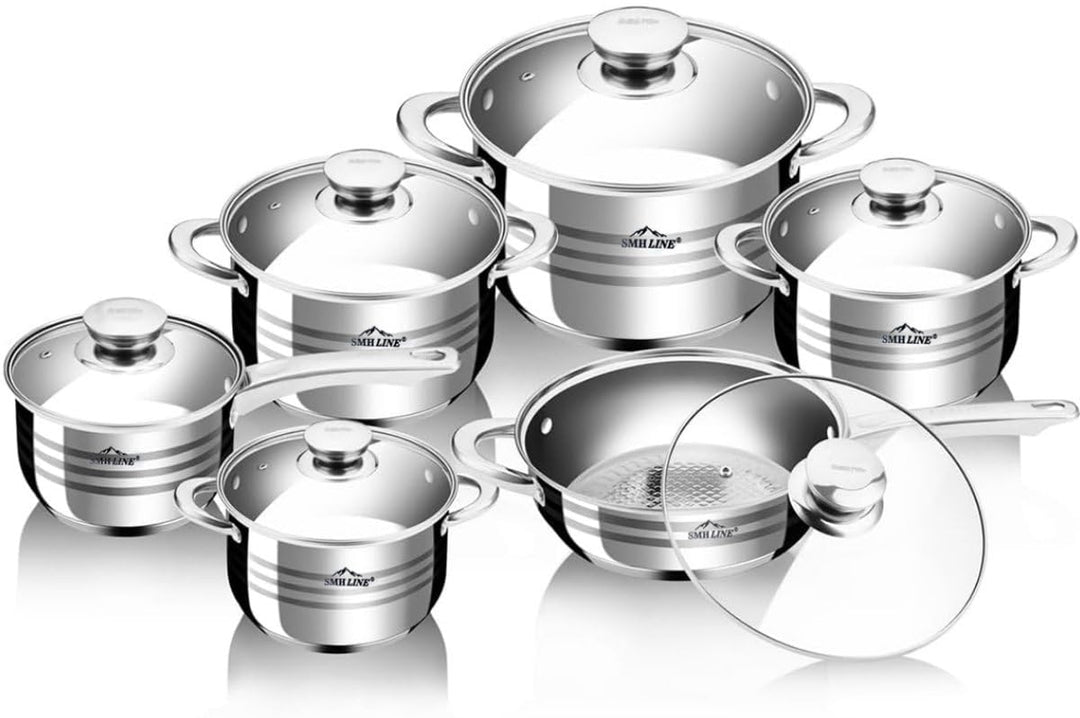SMHLINE® 12-tlg Topfset Töpfe Set induktionsgeeignet Kochtopf Set Pfannen Edelstahl Kochgeschirr Pfa