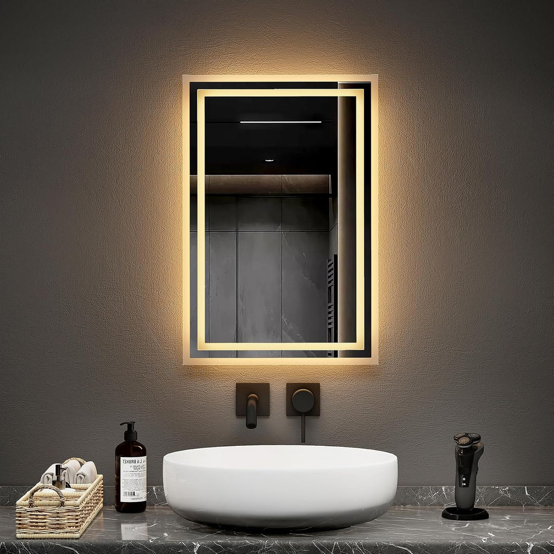 EMKE Badspiegel mit Beleuchtung 40x60cm, Badezimmerspiegel mit Kippschalter+Beschlagfrei+2 Lichtfarb