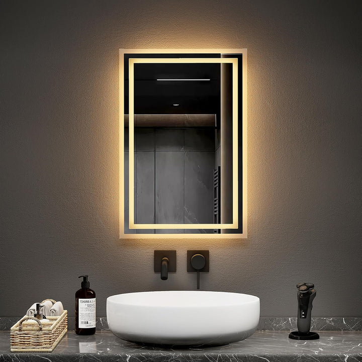 EMKE Badspiegel mit Beleuchtung 40x60cm, Badezimmerspiegel mit Kippschalter+Beschlagfrei+2 Lichtfarb