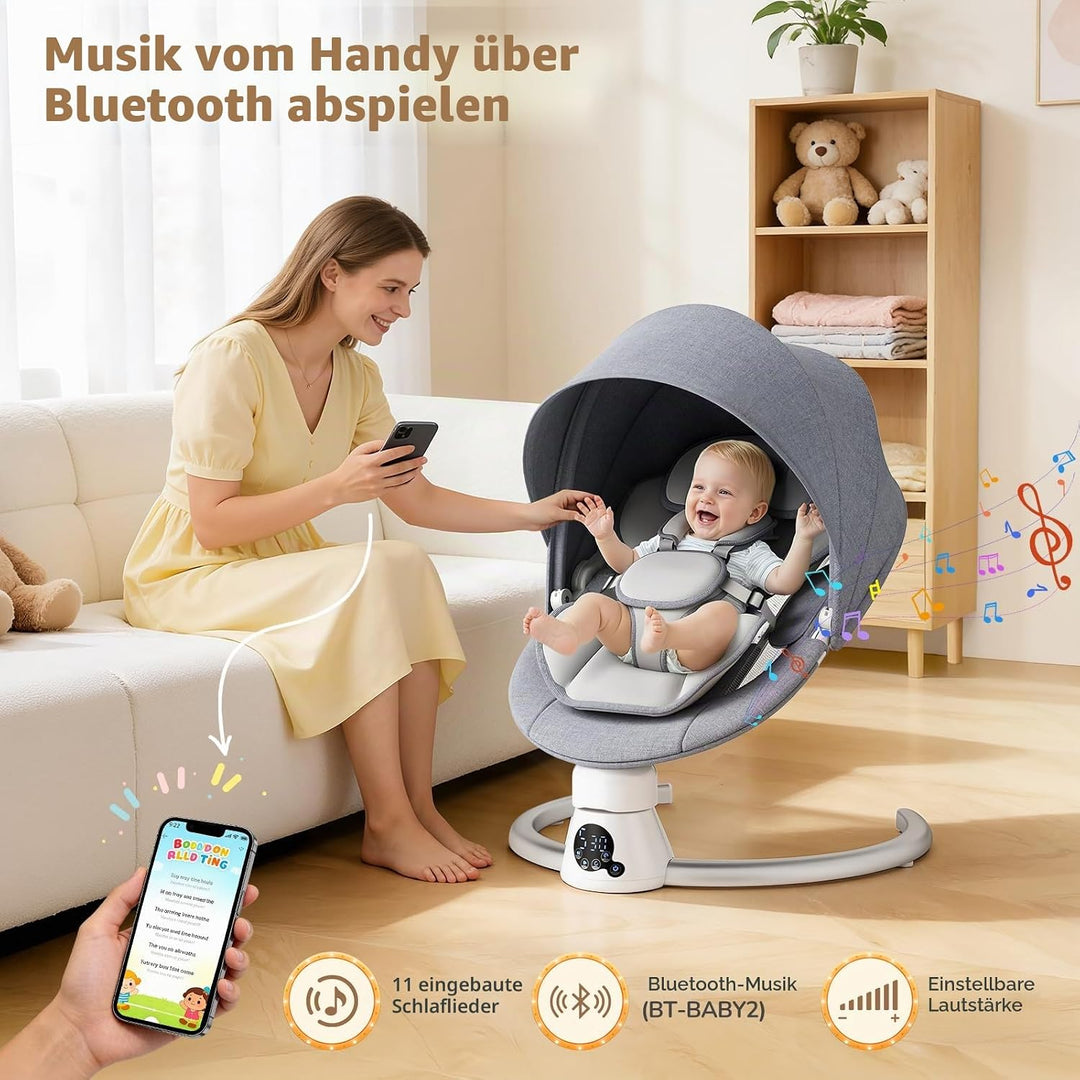 Babywippe Elektrisch mit Fernbedienung und App-Steuerung, 5 Schaukelgeschwindigkeiten, 3 Timer, 11 I