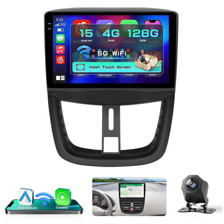 Hikity Android 15 4+128G Autoradio für Peugeot 207 2006-2010 mit 9 Zoll Incell Touchscreen, Autoradi