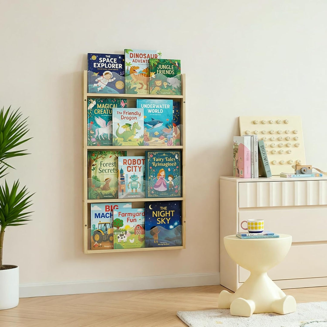 Kinder Bücherregal Wandmontage 4 Ebenen Holz & Acryl-Schwebendes Bücherregal Babyzimmer,Montessori R