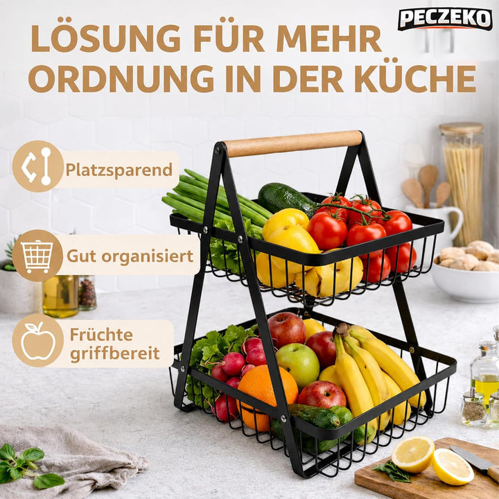 Zweistöckiger Obstkorb mit 2 Ebenen – Platzsparende Obstschale & Obsetagere aus Metall mit Holzgriff