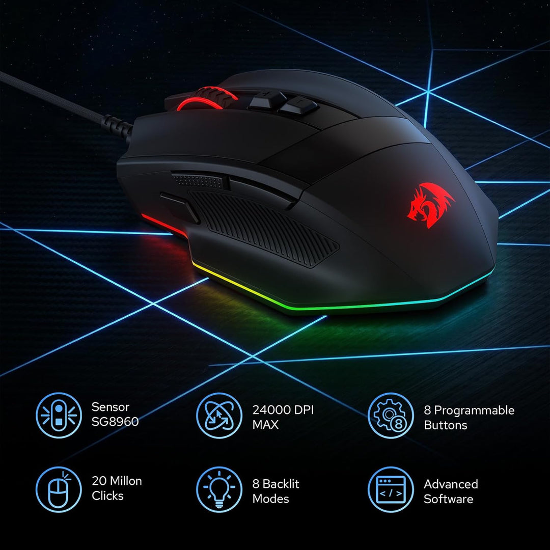 Redragon M923 Kabelgebundene RGB Gaming Maus, Optische Ergonomische Maus mit Max. 24.000 DPI, Hochpr