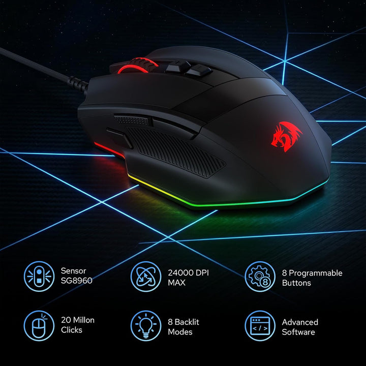 Redragon M923 Kabelgebundene RGB Gaming Maus, Optische Ergonomische Maus mit Max. 24.000 DPI, Hochpr