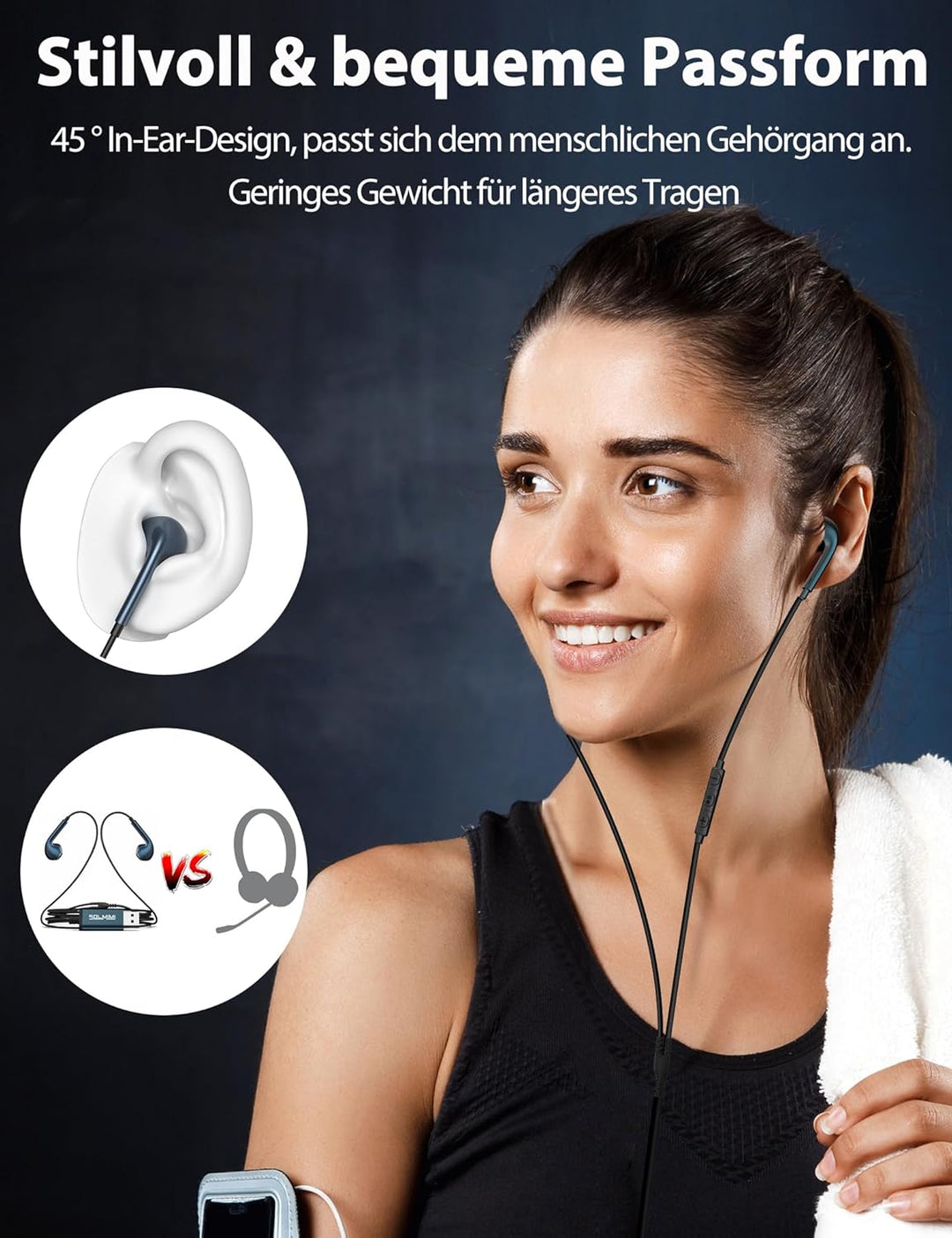SOLMIMI USB In Ear PC Headset mit eingebautem Mikrofon Lautstärkeregler USB Kabelgebundener Gaming K