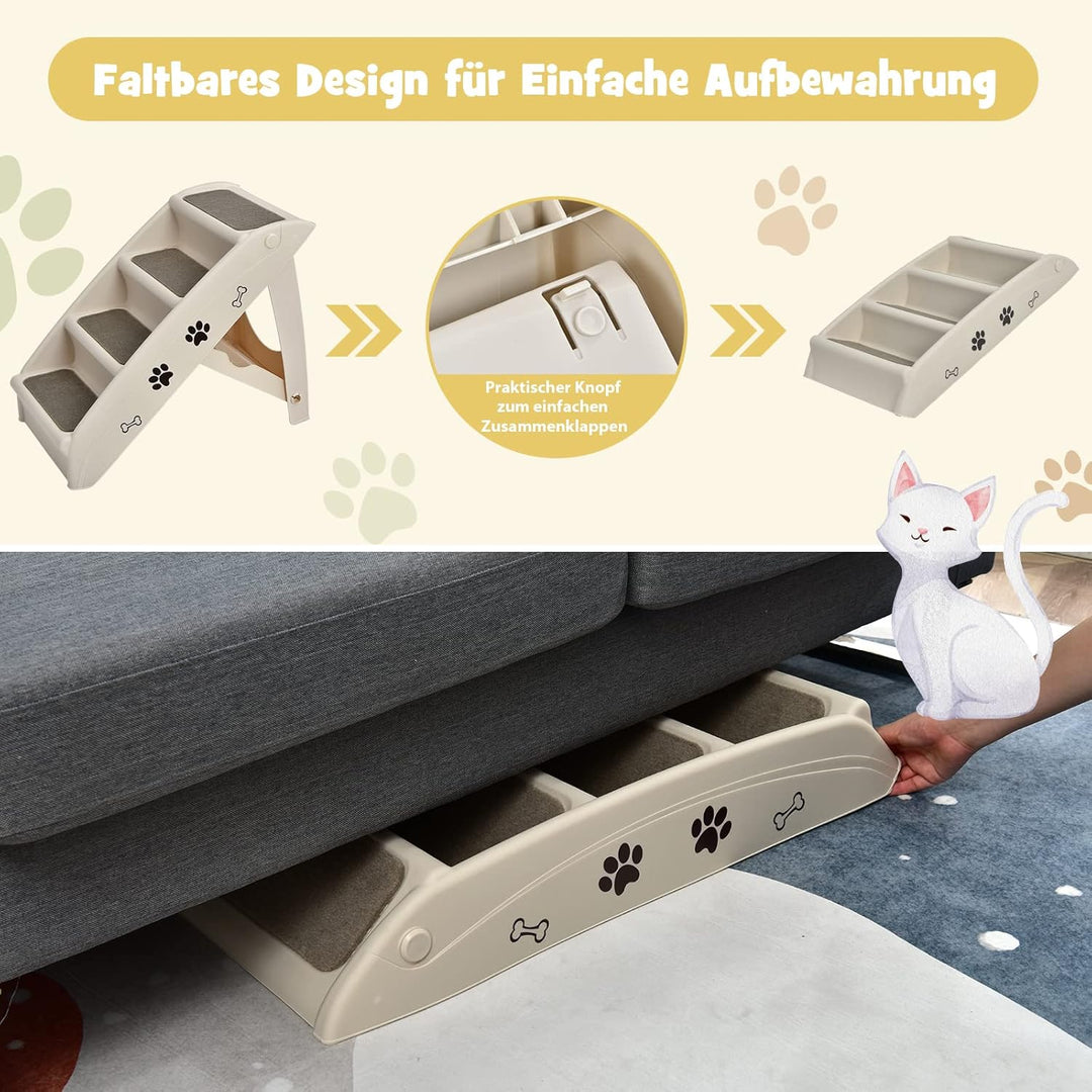 COSTWAY 4-stufige Haustiertreppe mit Teppichboden, Hundetreppe Kunststoff Katzentreppe faltbar, Hund