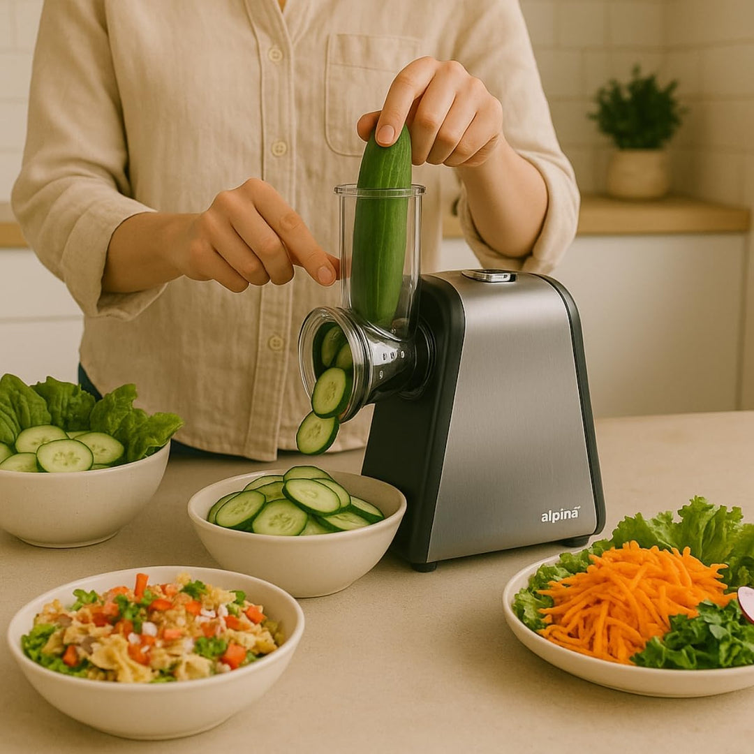 alpina 4-in-1 Gemüseschneider Elektrisch - Multifunktional Zerkleinerer - Küchenreibe - Gemüsereibe