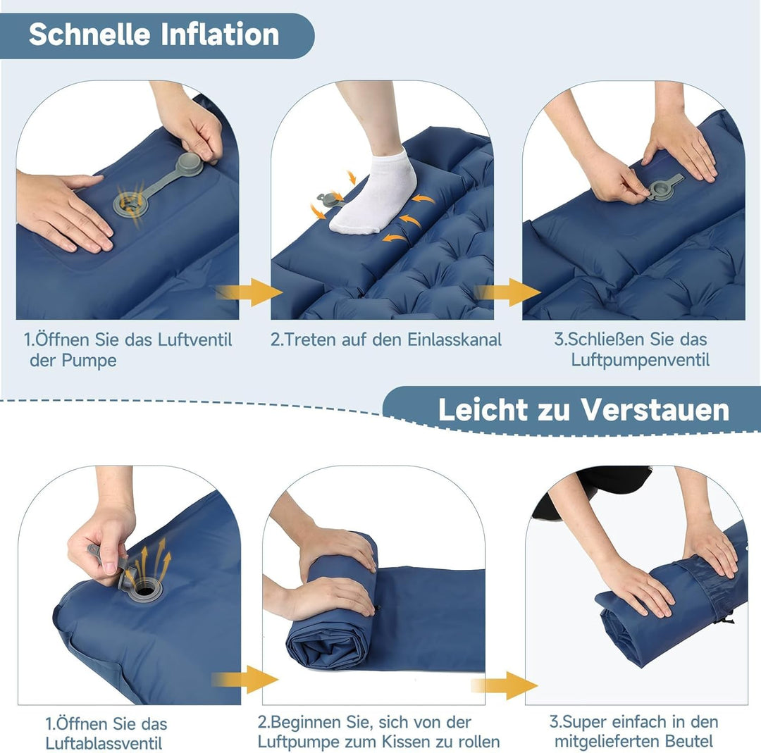 HAUSPROFI Isomatte Camping, Ultraleicht Camping Luftmatratze mit Fusspumpe & Kissen, Aufblasbare Mat